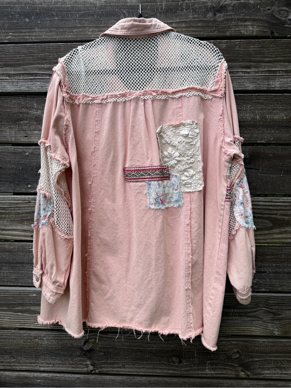 POL Womens Large Pink Patchwork Lace Shacket Jacket Raw Hem Distressed Boho Mesh - Picture 3 of 10